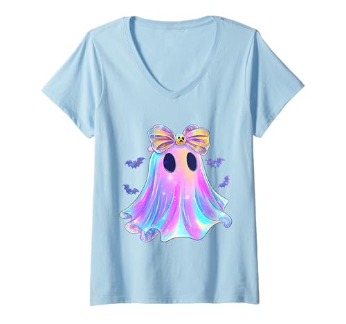 Damen Buntes Glitzer Geist Motiv Halloween Kawaii T-Shirt mit V-Ausschnitt Damen Buntes Glitzer Geist Motiv Halloween Kawaii T-Shirt mit V-Ausschnitt von Halloween Sprüche Kürbis Geist Geschenke