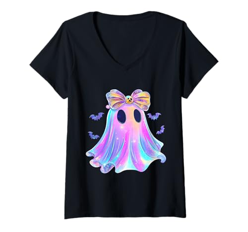Damen Buntes Glitzer Geist Motiv Halloween Kawaii T-Shirt mit V-Ausschnitt Damen Buntes Glitzer Geist Motiv Halloween Kawaii T-Shirt mit V-Ausschnitt von Halloween Sprüche Kürbis Geist Geschenke