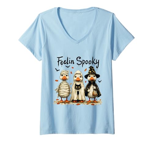 Damen Feelin Spooky Enten Halloween Motiv T-Shirt mit V-Ausschnitt Damen Feelin Spooky Enten Halloween Motiv T-Shirt mit V-Ausschnitt von Halloween Sprüche Kürbis Geist Geschenke