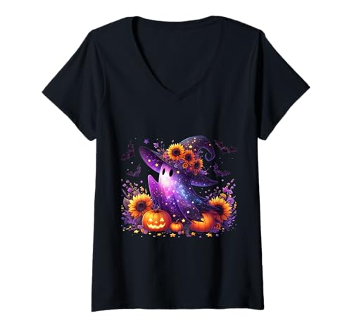 Damen Galaxie Geist mit Hexenhut Kürbis Sterne T-Shirt mit V-Ausschnitt Damen Galaxie Geist mit Hexenhut Kürbis Sterne T-Shirt mit V-Ausschnitt von Halloween Sprüche Kürbis Geist Geschenke
