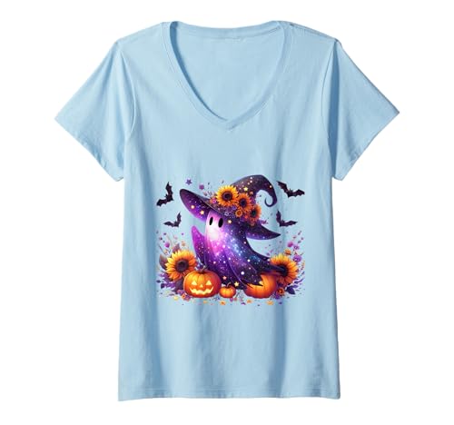 Damen Galaxie Geist mit Hexenhut Kürbis Sterne T-Shirt mit V-Ausschnitt Damen Galaxie Geist mit Hexenhut Kürbis Sterne T-Shirt mit V-Ausschnitt von Halloween Sprüche Kürbis Geist Geschenke