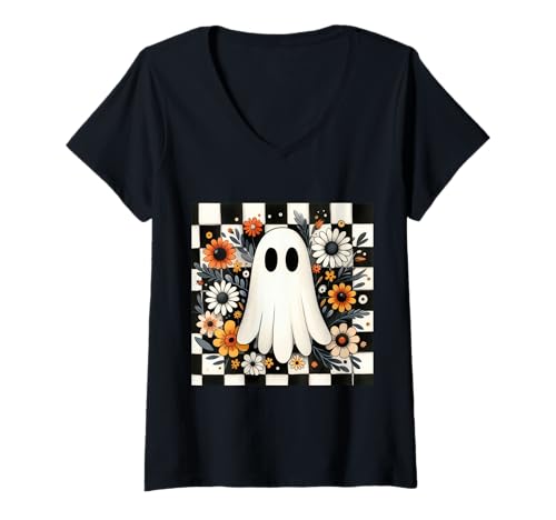 Damen Geist mit Blumen Retro Halloween Muster T-Shirt mit V-Ausschnitt Damen Geist mit Blumen Retro Halloween Muster T-Shirt mit V-Ausschnitt von Halloween Sprüche Kürbis Geist Geschenke
