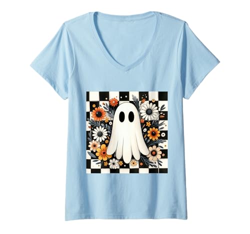 Damen Geist mit Blumen Retro Halloween Muster T-Shirt mit V-Ausschnitt Damen Geist mit Blumen Retro Halloween Muster T-Shirt mit V-Ausschnitt von Halloween Sprüche Kürbis Geist Geschenke