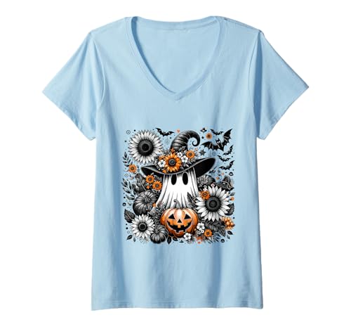 Damen Geist mit Hexenhut und Kürbis Blumen Halloween T-Shirt mit V-Ausschnitt Damen Geist mit Hexenhut und Kürbis Blumen Halloween T-Shirt mit V-Ausschnitt von Halloween Sprüche Kürbis Geist Geschenke