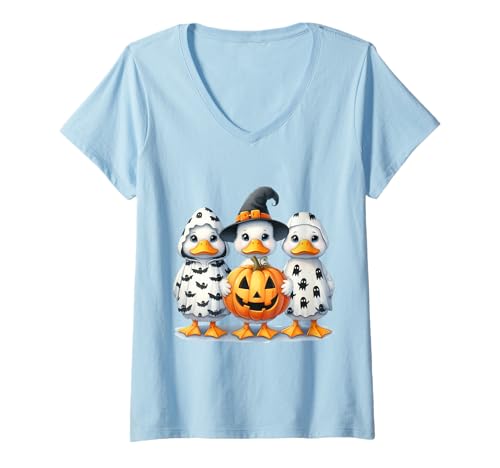 Damen Halloween Enten mit Kürbis Hexe Geist T-Shirt mit V-Ausschnitt Damen Halloween Enten mit Kürbis Hexe Geist T-Shirt mit V-Ausschnitt von Halloween Sprüche Kürbis Geist Geschenke