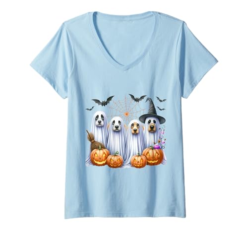 Damen Halloween Hunde im Geist Kostüm Motiv T-Shirt mit V-Ausschnitt Damen Halloween Hunde im Geist Kostüm Motiv T-Shirt mit V-Ausschnitt von Halloween Sprüche Kürbis Geist Geschenke