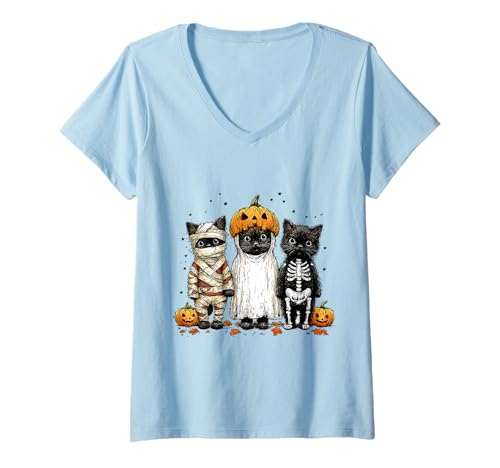 Damen Halloween Katzen Mumie Geist Skelett Kürbis T-Shirt mit V-Ausschnitt Damen Halloween Katzen Mumie Geist Skelett Kürbis T-Shirt mit V-Ausschnitt von Halloween Sprüche Kürbis Geist Geschenke