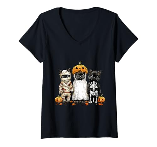 Damen Halloween Katzen Mumie Geist Skelett Kürbis T-Shirt mit V-Ausschnitt Damen Halloween Katzen Mumie Geist Skelett Kürbis T-Shirt mit V-Ausschnitt von Halloween Sprüche Kürbis Geist Geschenke