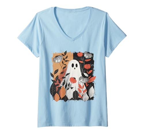 Damen Herbstliches Geist Motiv mit Blumen Halloween T-Shirt mit V-Ausschnitt Damen Herbstliches Geist Motiv mit Blumen Halloween T-Shirt mit V-Ausschnitt von Halloween Sprüche Kürbis Geist Geschenke