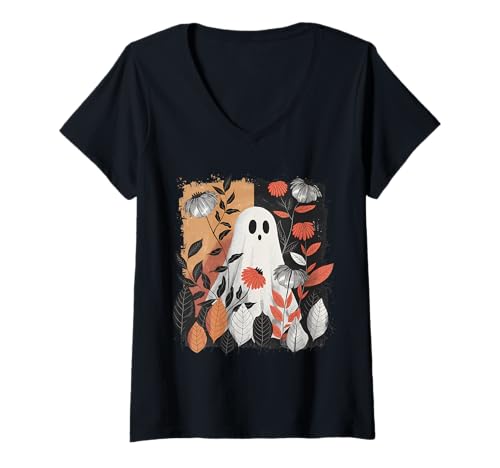 Damen Herbstliches Geist Motiv mit Blumen Halloween T-Shirt mit V-Ausschnitt von Halloween Sprüche Kürbis Geist Geschenke