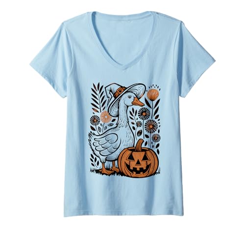 Damen Hexengans mit Kürbis Halloween Motiv T-Shirt mit V-Ausschnitt Damen Hexengans mit Kürbis Halloween Motiv T-Shirt mit V-Ausschnitt von Halloween Sprüche Kürbis Geist Geschenke