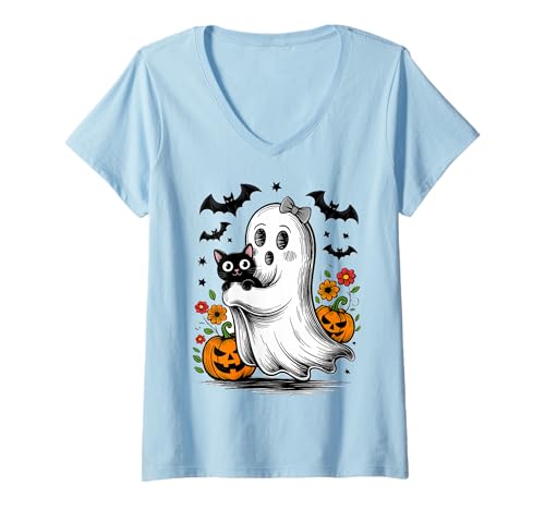 Damen Kawaii Geist mit Katze und Kürbis Halloween T-Shirt mit V-Ausschnitt Damen Kawaii Geist mit Katze und Kürbis Halloween T-Shirt mit V-Ausschnitt von Halloween Sprüche Kürbis Geist Geschenke