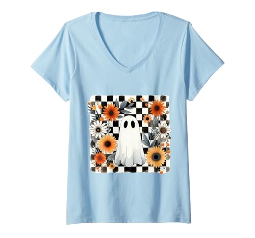 Damen Niedlicher Geist mit Blumen Muster Halloween T-Shirt mit V-Ausschnitt Damen Niedlicher Geist mit Blumen Muster Halloween T-Shirt mit V-Ausschnitt von Halloween Sprüche Kürbis Geist Geschenke