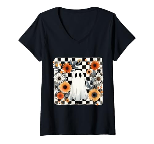 Damen Niedlicher Geist mit Blumen Muster Halloween T-Shirt mit V-Ausschnitt Damen Niedlicher Geist mit Blumen Muster Halloween T-Shirt mit V-Ausschnitt von Halloween Sprüche Kürbis Geist Geschenke