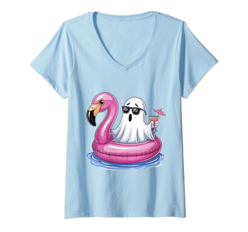 Damen Sommer Geist mit Flamingo Pool Party T-Shirt mit V-Ausschnitt Damen Sommer Geist mit Flamingo Pool Party T-Shirt mit V-Ausschnitt von Halloween Sprüche Kürbis Geist Geschenke