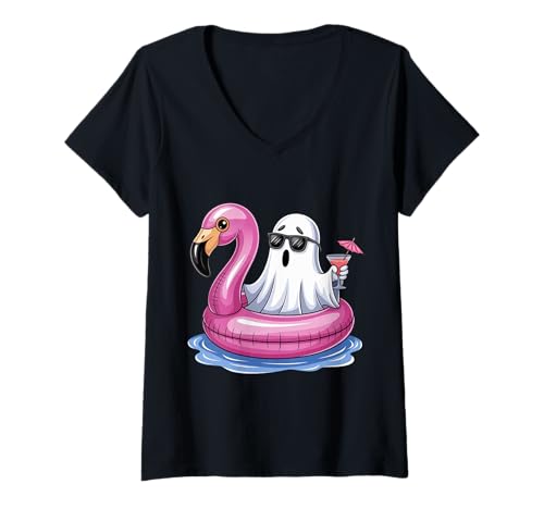 Damen Sommer Geist mit Flamingo Pool Party T-Shirt mit V-Ausschnitt Damen Sommer Geist mit Flamingo Pool Party T-Shirt mit V-Ausschnitt von Halloween Sprüche Kürbis Geist Geschenke