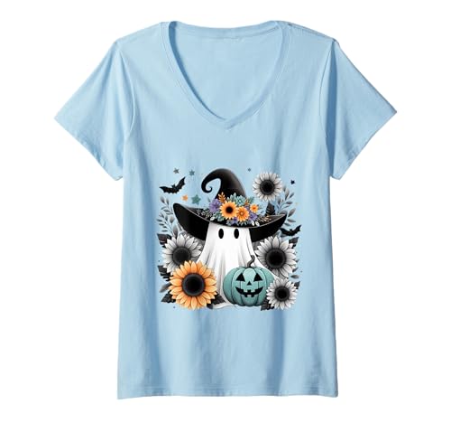 Damen Süßer Geist mit Sonnenblumen Halloween T-Shirt mit V-Ausschnitt Damen Süßer Geist mit Sonnenblumen Halloween T-Shirt mit V-Ausschnitt von Halloween Sprüche Kürbis Geist Geschenke