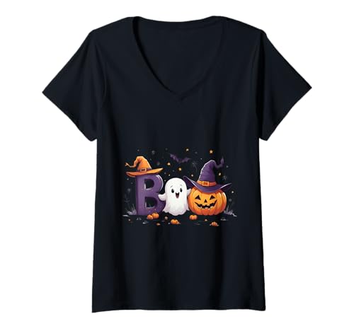 Damen Boo Halloween Geist Kürbis Party Motiv T-Shirt mit V-Ausschnitt Damen Boo Halloween Geist Kürbis Party Motiv T-Shirt mit V-Ausschnitt von Halloween Sprüche Kürbis Geist Party
