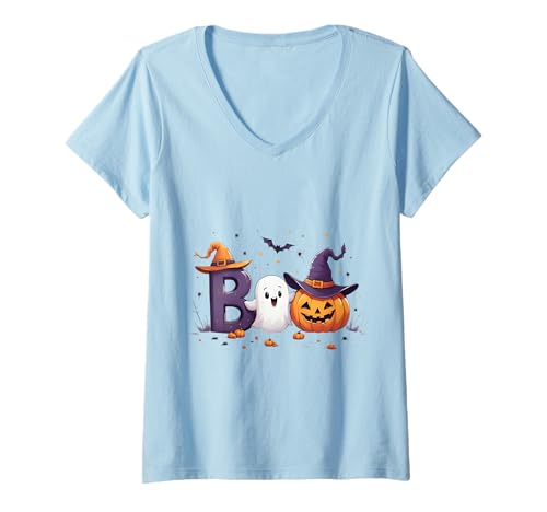 Damen Boo Halloween Geist Kürbis Party Motiv T-Shirt mit V-Ausschnitt Damen Boo Halloween Geist Kürbis Party Motiv T-Shirt mit V-Ausschnitt von Halloween Sprüche Kürbis Geist Party