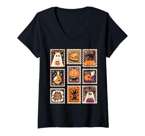 Damen Retro Halloween Stempel Icons Lustiger Halloween Katze Geist Stempel T-Shirt mit V-Ausschnitt Damen Retro Halloween Stempel Icons Lustiger Halloween Katze Geist Stempel T-Shirt mit V-Ausschnitt von Halloween Stamp Icons Shirt For Kids Women Men