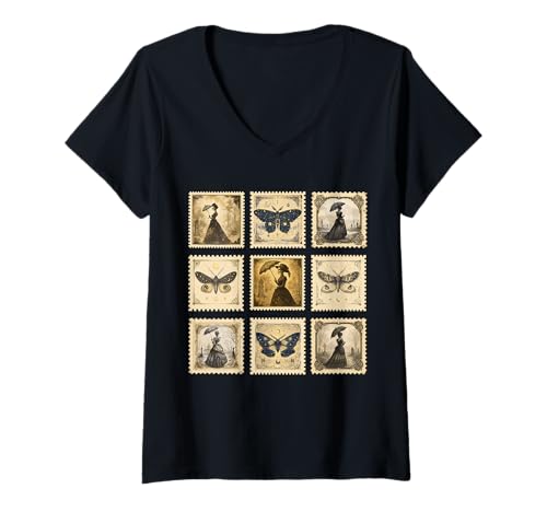 Damen Retro Halloween Stempel Icons Lustiger Halloween Katze Geist Stempel T-Shirt mit V-Ausschnitt Damen Retro Halloween Stempel Icons Lustiger Halloween Katze Geist Stempel T-Shirt mit V-Ausschnitt von Halloween Stamp Icons Shirt For Kids Women Men