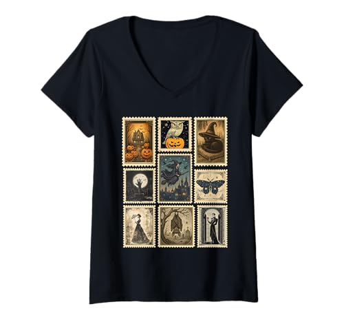 Damen Retro Halloween Stempel Icons Lustiger Halloween Katze Geist Stempel T-Shirt mit V-Ausschnitt Damen Retro Halloween Stempel Icons Lustiger Halloween Katze Geist Stempel T-Shirt mit V-Ausschnitt von Halloween Stamp Icons Shirt For Kids Women Men