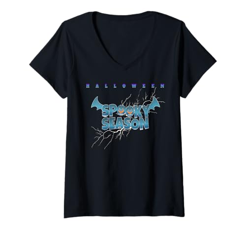 Damen Spukige Saison Halloween Fledermäuse Kürbisse Szene T-Shirt mit V-Ausschnitt Damen Spukige Saison Halloween Fledermäuse Kürbisse Szene T-Shirt mit V-Ausschnitt von Halloween Stimmung mit Geistern und Kürbisfans
