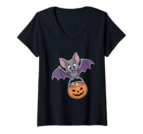 Damen Halloween Fledermaus Kürbis Eimer Süßes Oder Saures T-Shirt mit V-Ausschnitt Damen Halloween Fledermaus Kürbis Eimer Süßes Oder Saures T-Shirt mit V-Ausschnitt von Halloween Süßes Oder Saures Fledermaus Kürbis