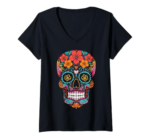 Damen Halloween-Zuckerschädel Calavera T-Shirt mit V-Ausschnitt Damen Halloween-Zuckerschädel Calavera T-Shirt mit V-Ausschnitt von Halloween Sugar Skull Calavera Costume Tees Co