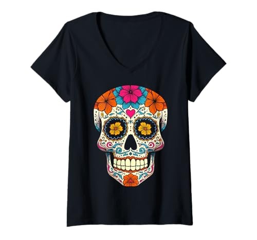 Damen Halloween-Zuckerschädel Calavera T-Shirt mit V-Ausschnitt Damen Halloween-Zuckerschädel Calavera T-Shirt mit V-Ausschnitt von Halloween Sugar Skull Calavera Costume Tees Co