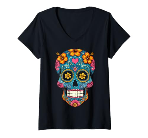 Damen Halloween-Zuckerschädel Calavera T-Shirt mit V-Ausschnitt Damen Halloween-Zuckerschädel Calavera T-Shirt mit V-Ausschnitt von Halloween Sugar Skull Calavera Costume Tees