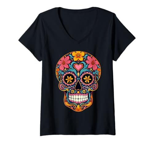 Damen Halloween-Zuckerschädel Calavera T-Shirt mit V-Ausschnitt Damen Halloween-Zuckerschädel Calavera T-Shirt mit V-Ausschnitt von Halloween Sugar Skull Calavera Costume Tees