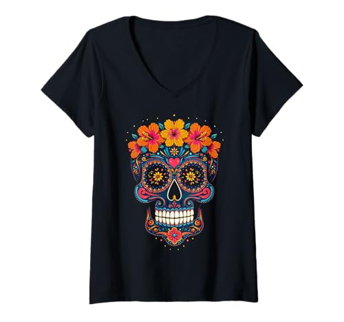 Damen Halloween-Zuckerschädel Calavera T-Shirt mit V-Ausschnitt Damen Halloween-Zuckerschädel Calavera T-Shirt mit V-Ausschnitt von Halloween Sugar Skull Calavera Costume Tees