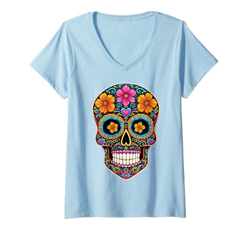 Damen Halloween-Zuckerschädel Calavera T-Shirt mit V-Ausschnitt Damen Halloween-Zuckerschädel Calavera T-Shirt mit V-Ausschnitt von Halloween Sugar Skull Calavera Costumes Tees Co