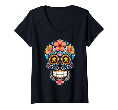 Damen Halloween-Zuckerschädel Calavera T-Shirt mit V-Ausschnitt Damen Halloween-Zuckerschädel Calavera T-Shirt mit V-Ausschnitt von Halloween Sugar Skull Costumes Tees Co