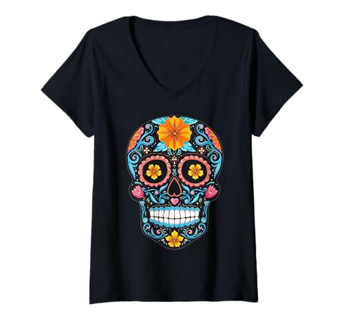 Damen Halloween-Zuckerschädel Calavera T-Shirt mit V-Ausschnitt von Halloween Sugar Skull Costumes Tees & Co