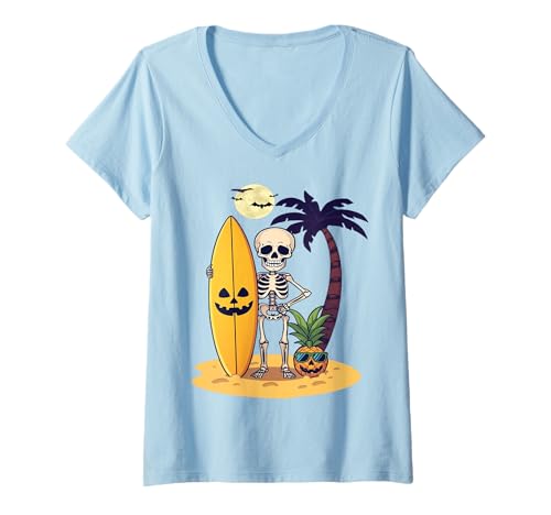 Damen Skelett Surfer Halloween Strand Spaß Tropische Vibes T-Shirt mit V-Ausschnitt Damen Skelett Surfer Halloween Strand Spaß Tropische Vibes T-Shirt mit V-Ausschnitt von Halloween Surf Vibes Casual Wear for Fun Seekers