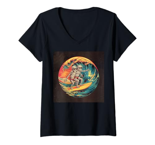 Damen Halloween Surfen Mama Retro Sonnenuntergang Lustig T-Shirt mit V-Ausschnitt Damen Halloween Surfen Mama Retro Sonnenuntergang Lustig T-Shirt mit V-Ausschnitt von Halloween Surf