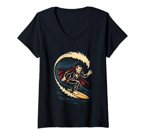 Damen Surfen Vampir Lustig Dracula Halloween Surf T-Shirt mit V-Ausschnitt Damen Surfen Vampir Lustig Dracula Halloween Surf T-Shirt mit V-Ausschnitt von Halloween Surfing Vampire Vintage Dracula