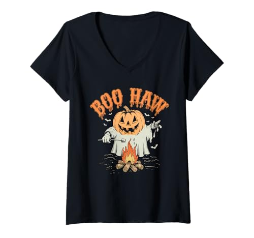 Damen Halloween Kostüm Boo Haw Witch Skelett Scary Rodeo Western T-Shirt mit V-Ausschnitt Damen Halloween Kostüm Boo Haw Witch Skelett Scary Rodeo Western T-Shirt mit V-Ausschnitt von Halloween TShirt Frauen Männer Boo Haw Rodeo