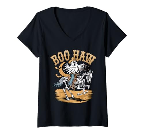 Damen Halloween Kostüm Boo Haw Witch Skelett Scary Rodeo Western T-Shirt mit V-Ausschnitt Damen Halloween Kostüm Boo Haw Witch Skelett Scary Rodeo Western T-Shirt mit V-Ausschnitt von Halloween TShirt Frauen Männer Boo Haw Rodeo
