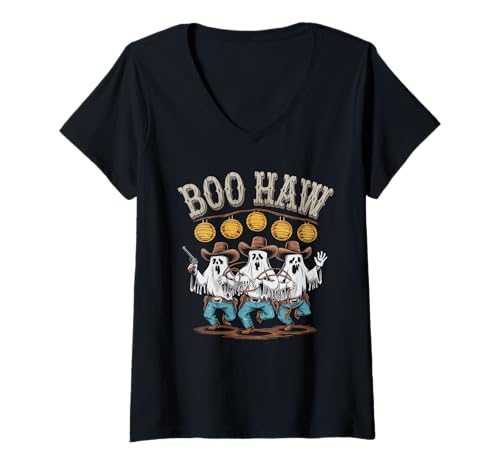 Damen Halloween Kostüm Boo Haw Witch Skelett Scary Rodeo Western T-Shirt mit V-Ausschnitt Damen Halloween Kostüm Boo Haw Witch Skelett Scary Rodeo Western T-Shirt mit V-Ausschnitt von Halloween TShirt Frauen Männer Boo Haw Rodeo
