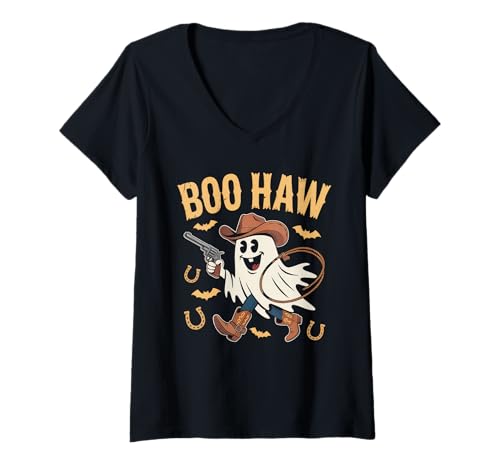 Damen Halloween Kostüm Boo Haw Witch Skelett Scary Rodeo Western T-Shirt mit V-Ausschnitt Damen Halloween Kostüm Boo Haw Witch Skelett Scary Rodeo Western T-Shirt mit V-Ausschnitt von Halloween TShirt Frauen Männer Boo Haw Rodeo