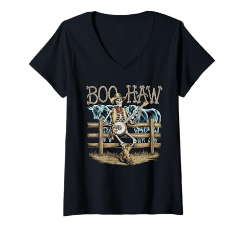 Damen Halloween Kostüm Boo Haw Witch Skelett Scary Rodeo Western T-Shirt mit V-Ausschnitt Damen Halloween Kostüm Boo Haw Witch Skelett Scary Rodeo Western T-Shirt mit V-Ausschnitt von Halloween TShirt Frauen Männer Boo Haw Rodeo