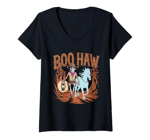 Damen Halloween Kostüm Boo Haw Witch Skelett Scary Rodeo Western T-Shirt mit V-Ausschnitt Damen Halloween Kostüm Boo Haw Witch Skelett Scary Rodeo Western T-Shirt mit V-Ausschnitt von Halloween TShirt Frauen Männer Boo Haw Rodeo