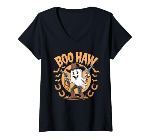 Damen Halloween Kostüm Boo Haw Witch Skelett Scary Rodeo Western T-Shirt mit V-Ausschnitt Damen Halloween Kostüm Boo Haw Witch Skelett Scary Rodeo Western T-Shirt mit V-Ausschnitt von Halloween TShirt Frauen Männer Boo Haw Rodeo