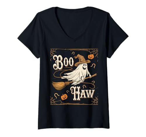 Damen Halloween Kostüm Boo Haw Witch Skelett Scary Rodeo Western T-Shirt mit V-Ausschnitt Damen Halloween Kostüm Boo Haw Witch Skelett Scary Rodeo Western T-Shirt mit V-Ausschnitt von Halloween TShirt Frauen Männer Boo Haw Rodeo