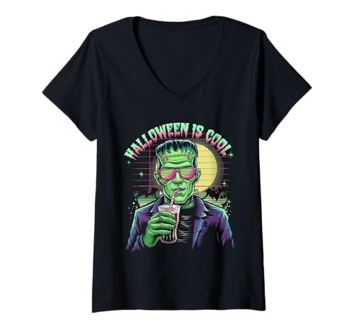 Damen Halloween Kostüm Geist Monster Spooky Skull Zombie T-Shirt mit V-Ausschnitt von Halloween TShirt Geister Spooky Monster Party