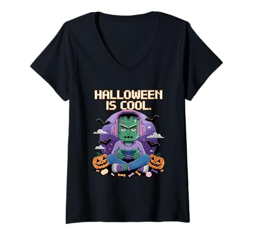Damen Halloween Kostüm Geist Monster Spooky Skull Zombie T-Shirt mit V-Ausschnitt von Halloween TShirt Geister Spooky Monster Party