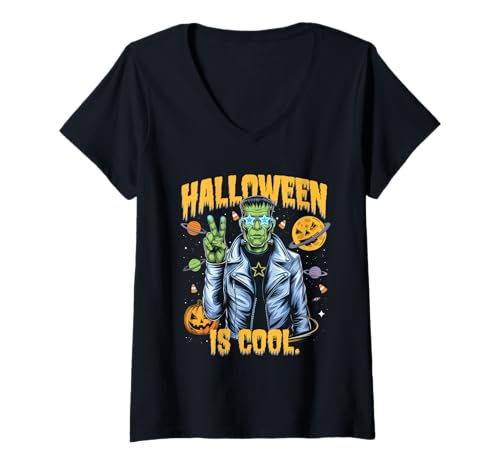 Damen Halloween Kostüm Geist Monster Spooky Skull Zombie T-Shirt mit V-Ausschnitt von Halloween TShirt Geister Spooky Monster Party